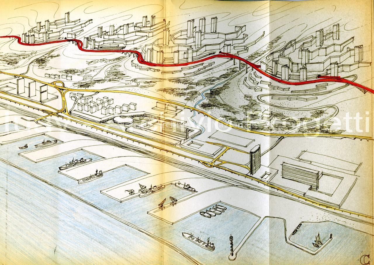  Porto di Genova, disegno con l\'ipotesi C, che prevede la massimizzazione dello sviluppo portuale, economico e demografico. 