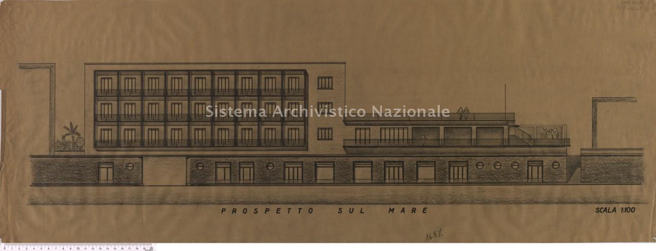  Prospetto fronte mare di un albergo da costruirsi in Ortona a mare per conto del Comune su progetto dell\'architetto Paride Pozzi, Ortona 1946 