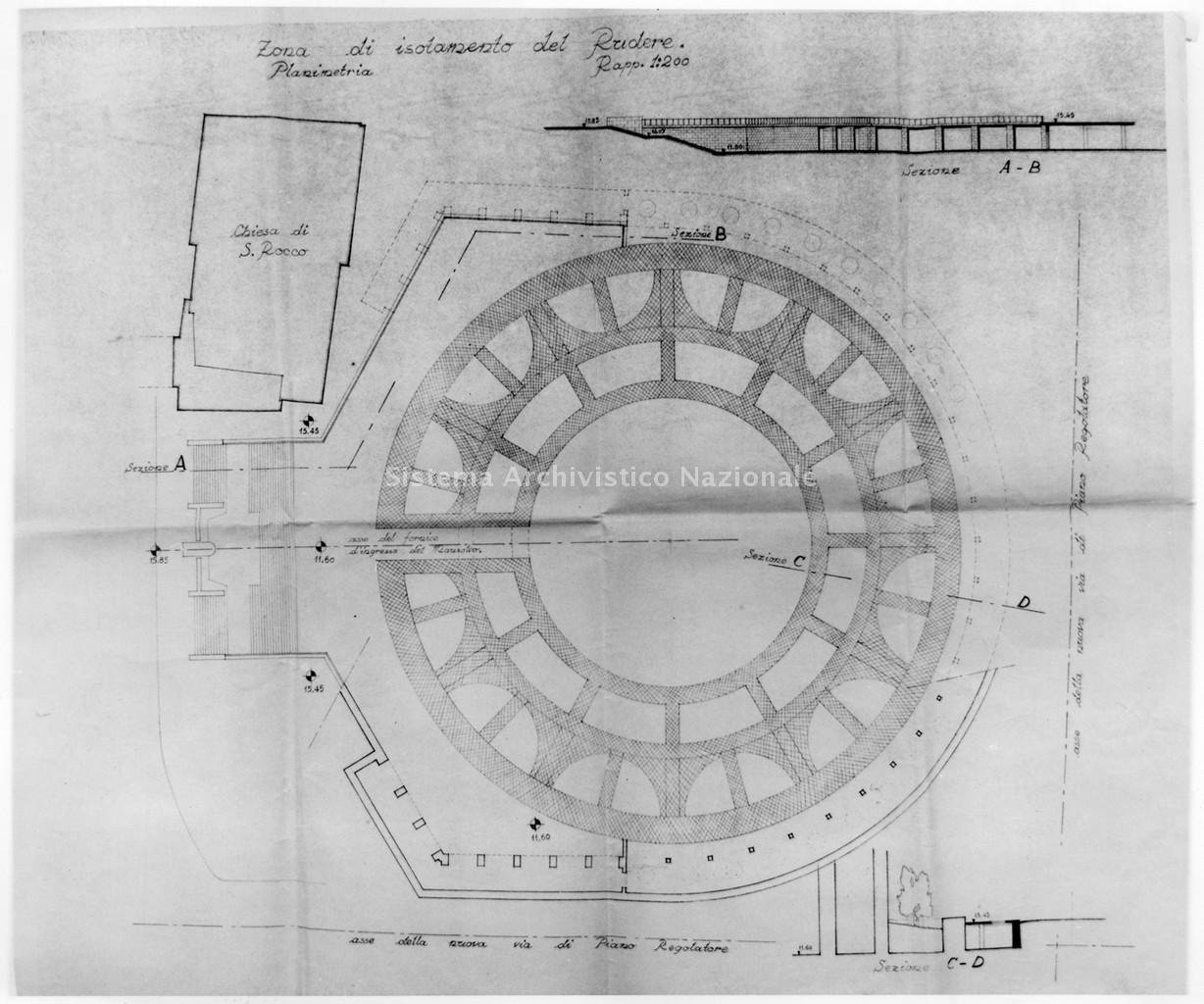  Progetto sistemazione del Mausoleo di Augusto a Roma, planimetria della zona di isolamento del rudere. 