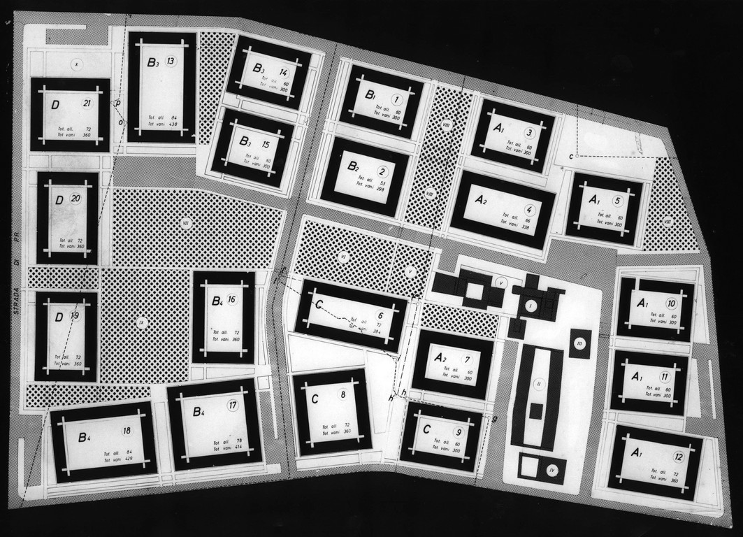  Quartiere Ina-Casa e Incis in via Cavedone a Bologna realizzato dagli architetti F.Gorio, L.Benevolo, V.Calzolari, M.Carini, S.Danielli, A.Esposito, M.Vittorini, 1955-1964. Planimetria dell\'intervento realizzata dall\'architetto Federico Gorio, (Accademia nazionale di San Luca, Fondo Federico Gorio) 